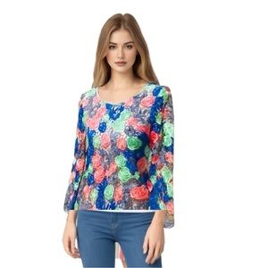 Ella Moss Lace Floral Rosette Detail Top NWOT Pink Blue
